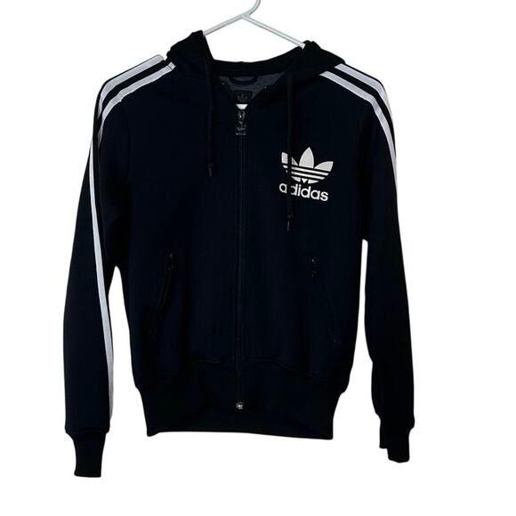 Adidas Jackets & Blazers - Adidas Y2K Zip Up Hooded Jacket Size M Striped Sleeves Trefoil Logo Black White